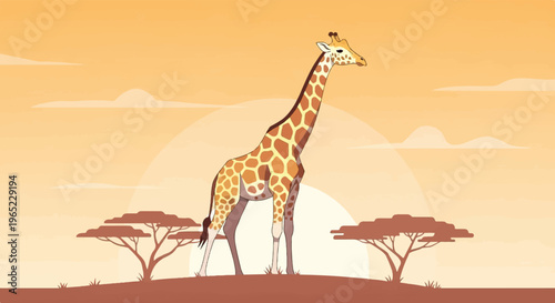 A lone giraffe stands tall on the savanna at sunset with acacia trees