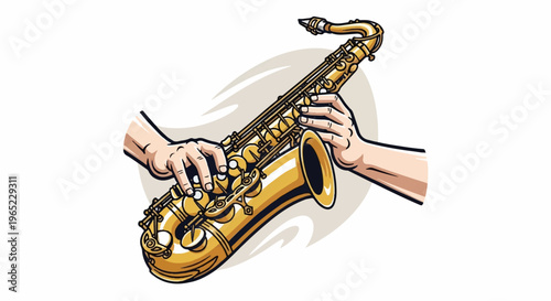 Animated hands playing a golden saxophone with abstract background elements