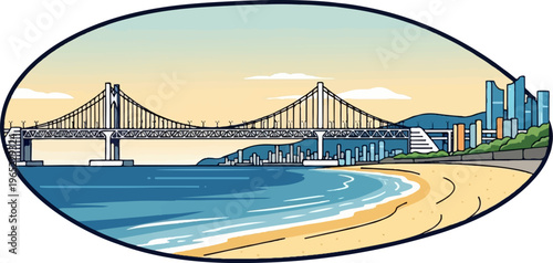 Scenic oval illustration of a suspension bridge and modern city skyline overlooking a beach