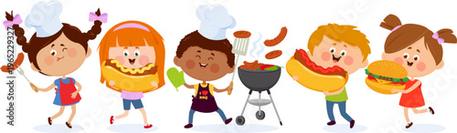 Barbecue fun with children with bbq grill, boys and girls eating hamburgers and hot dogs, kid with cooking apron cooking food. Happy little children friends eat food. People eat delicious roasted food