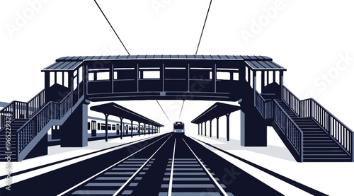 A modern train station with an overpass, tracks, and a train approaching