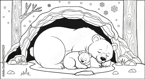 A mother and baby bear sleep warmly inside their den