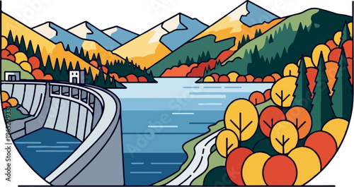 Autumnal mountain lake bordered by a dam, forest, and winding road