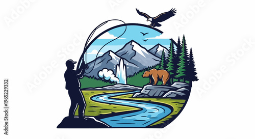 Angler casts line in serene mountain landscape with wildlife