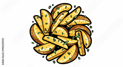 A pile of potato wedges with herbs sprinkled on top
