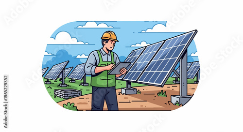A person in a hard hat inspects solar panels on a sunny day