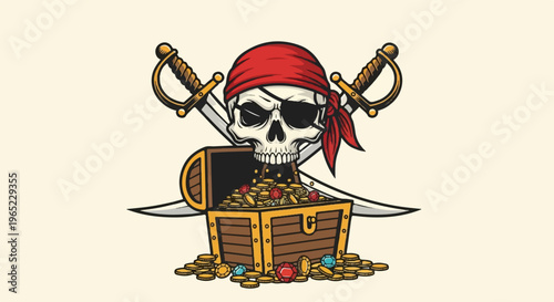 A skull wearing a bandana and eye patch, overflowing treasure chest