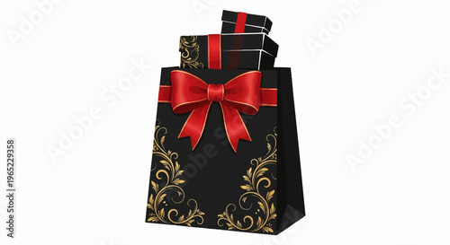 Black gift bag with a large red ribbon and patterned gift boxes