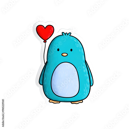 A cute cartoon penguin holding a heart-shaped balloon on a black background