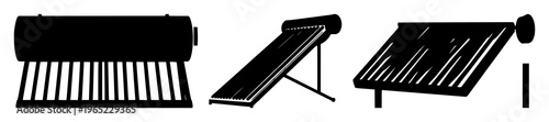 Solar thermal water heater set with solid black icon on white background featuring renewable energy, heating, water treatment with sustainable efficiency and clean technology