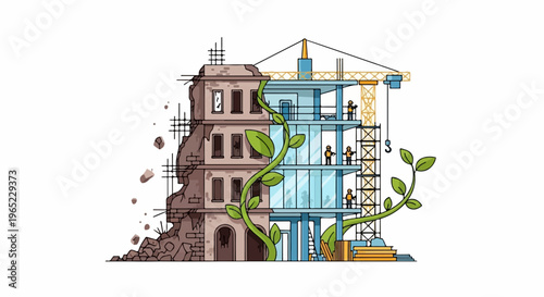 Ruined building transforms into modern structure with workers, plants, and crane