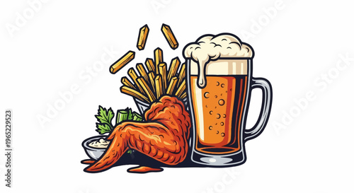Appetizing illustration of fried chicken wing, french fries, and beer
