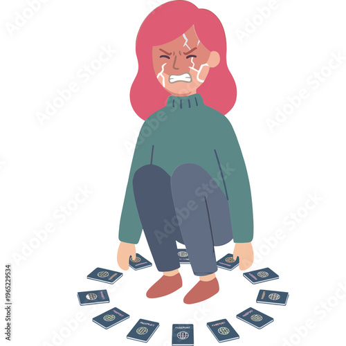 A sad woman sits on the floor surrounded by money bills crying emotionally.