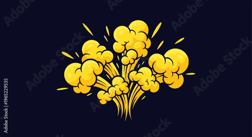 Bright yellow comic-style explosion bursts outward against dark background