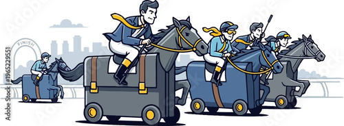 Businessmen race horses on wheels towards a finish line in city