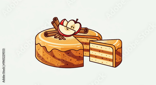 Cartoon slice of cake with apple and cinnamon sticks