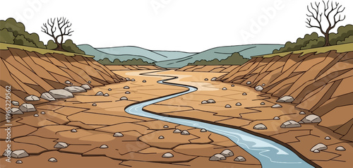 Arid landscape with a winding riverbed under barren trees and hills