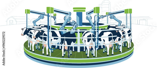 Automated milking carousel with cows and robotic arms on a farm