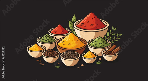 Assortment of colorful spices in ceramic bowls with cinnamon sticks
