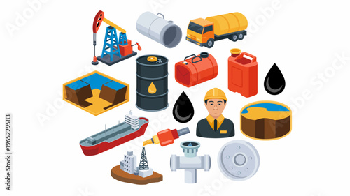 Petroleum and Industry: Oil-related illustration featuring an oil well, tanker, barrels and equipment indicating the industry's processes.