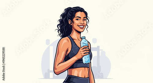 Athletic woman with curly hair holding a bottle of water, smiling