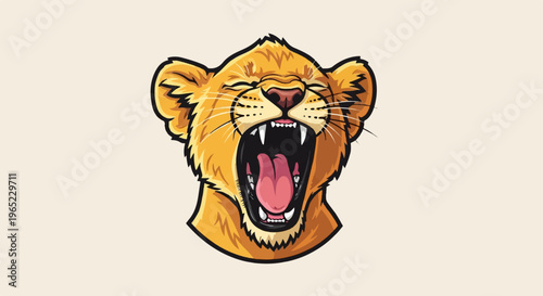 A stylized illustration of a lion cub yawning widely, showing its teeth and tongue