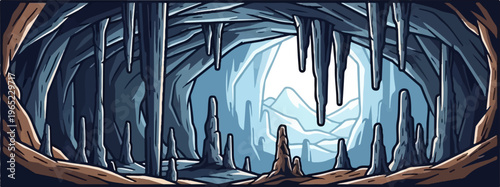 Pixel art cavern with ice formations and distant mountains