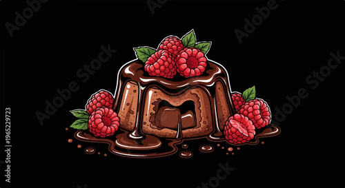 Chocolate lava cake with raspberries and dripping chocolate sauce