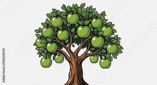 Cartoon apple tree laden with ripe green fruit and leafy branches