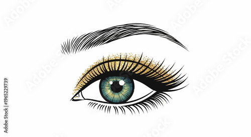 Close-up illustration of a blue-green eye with dramatic black lashes and sparkling gold eyeshadow
