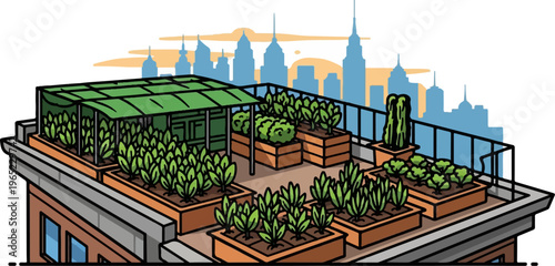 City rooftop garden with diverse plants and urban skyline backdrop