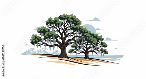 Coastal scene with two moss-draped oak trees on a sandy beach, calm sea, and distant clouds