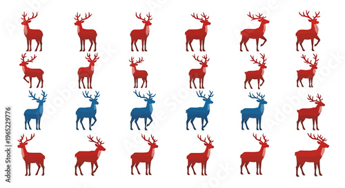 Array of reindeer in various poses and colors, a festive holiday theme.
