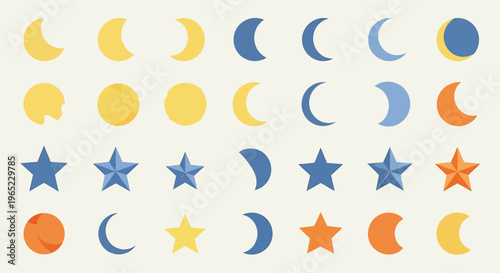 Celestial bodies and phases - Moon, stars, and sun in various forms.