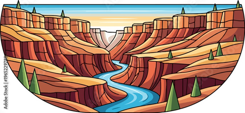 Colorful canyon carved by a winding river under a sunset sky