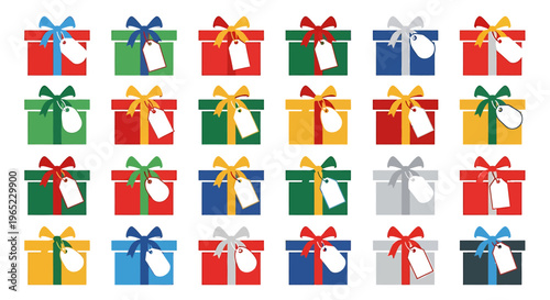 Collection of Colorful Gift Boxes with Ribbons and Tags for Celebrations and Presents.