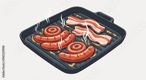 Close-up isometric view of sizzling sausages and bacon cooking on a grill pan