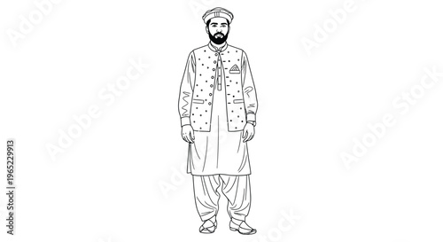 Detailed black and white line art illustration depicting a full-length view of a distinguished man wearing traditional South Asian attire including a turban and waistcoat