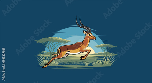Antelope leaps through grassy savanna at sunset