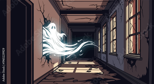 Eerie ghost emerges from a cracked wall in a dilapidated hallway