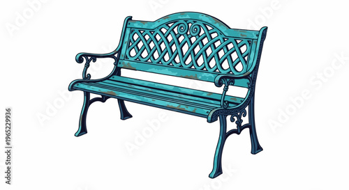 Ornate teal garden bench with weathered finish and scrolled details