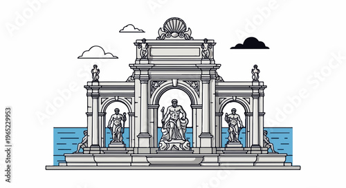 Ornate neoclassical fountain with multiple statues and classical architectural elements
