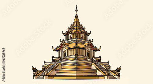 Ornate golden tiered temple structure with steep stairs and dragon motifs