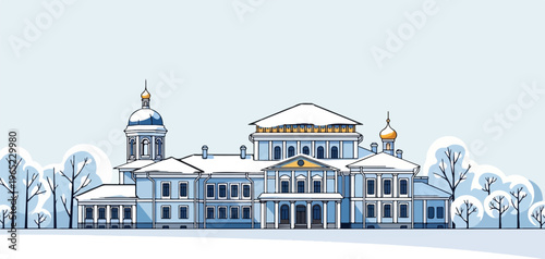 Ornate building with golden domes covered in snow amid winter trees