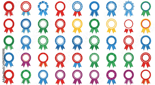 Collection of colorful rosette ribbons arranged in a grid pattern on a white background.