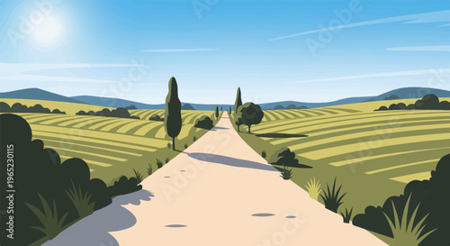 Open road through rolling fields under a bright sun