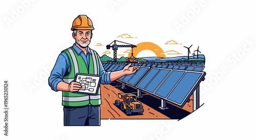 Construction worker at solar farm with tablet and equipment