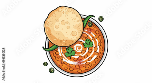 Hearty bowl of spiced beans with a flatbread, chilies, and herbs