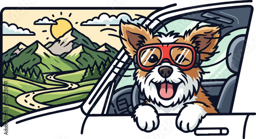 Happy dog in goggles enjoys car ride through scenic mountain landscape
