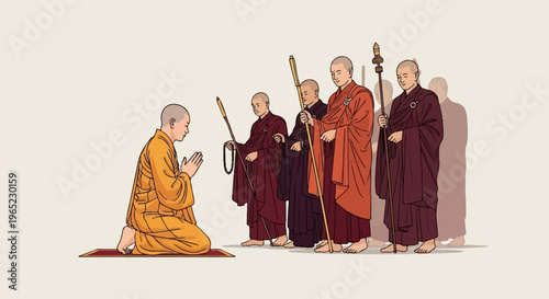 Monks in traditional robes gather, one kneeling in prayerful greeting